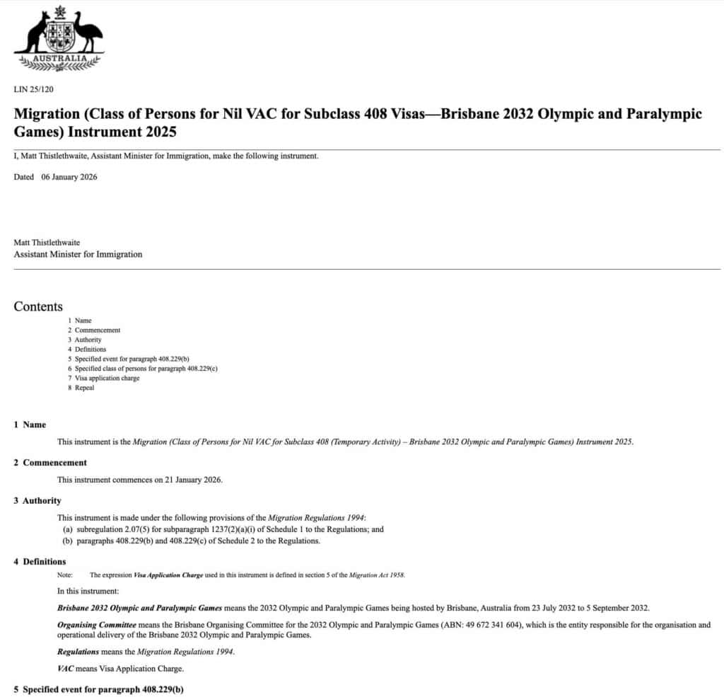 澳洲移民局正式发布 Migration Instrument 2025 相关公文