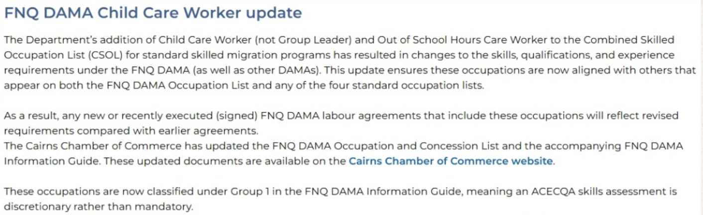 FNQ DAMA CHILD CARE WORKER UPDATE